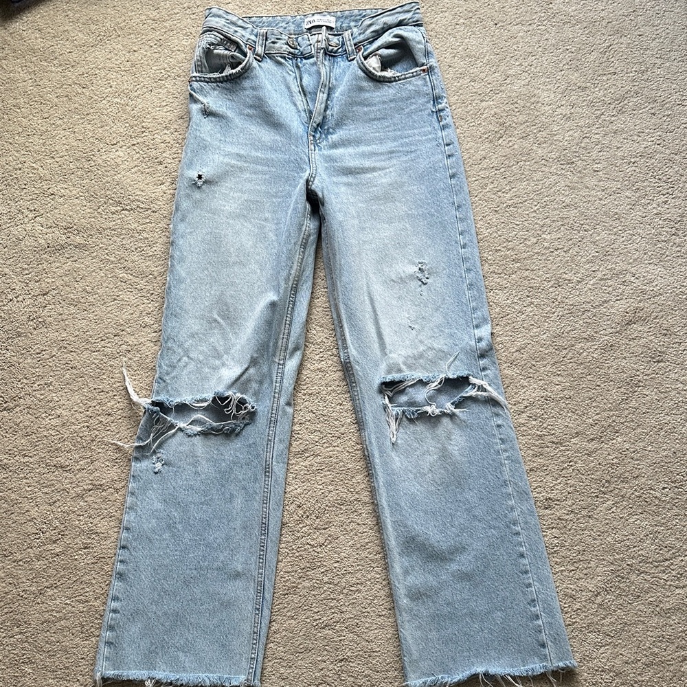 Zara High Waisted Distressed Light Blue Women's Jeans